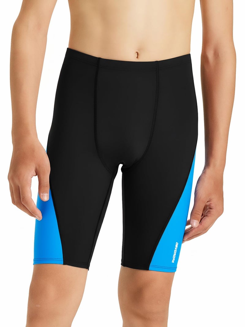 DEVOROPA Boys' Swim Jammers Youth Competitive Swim Team Suit Quick Dry Athletic Swimming Shorts UPF 50+ Black/Blue S - Image 2